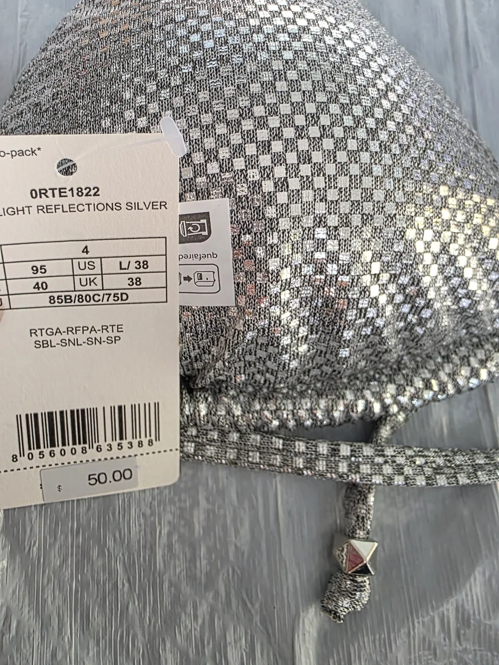 NWT Calzedonia Silver Metallic Triangle Bikini Set Top L Btm S
